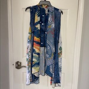 MULTIPLES Floral & cutout artsy  drape kimono Sleeveless  Cardigan Duster L